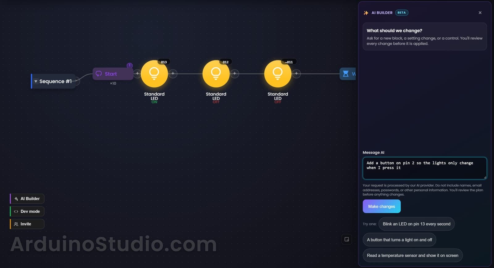 The AI Builder panel open beside the Traffic Light blocks. The Message AI box holds a request to add a button on pin 2 so the lights only change when it is pressed; below it are a privacy note, the Make changes button and three suggested requests.