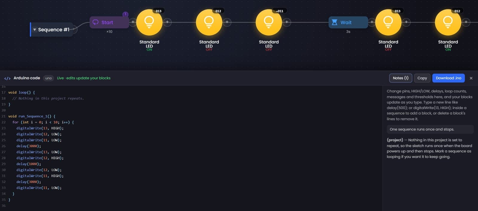 The Arduino code view docked under the Traffic Light blocks, marked Live with edits updating the blocks, with Notes, Copy and Download .ino buttons. The code shows run_Sequence_1(), a for loop that repeats 10 times, with the digitalWrite and delay lines that match the blocks.