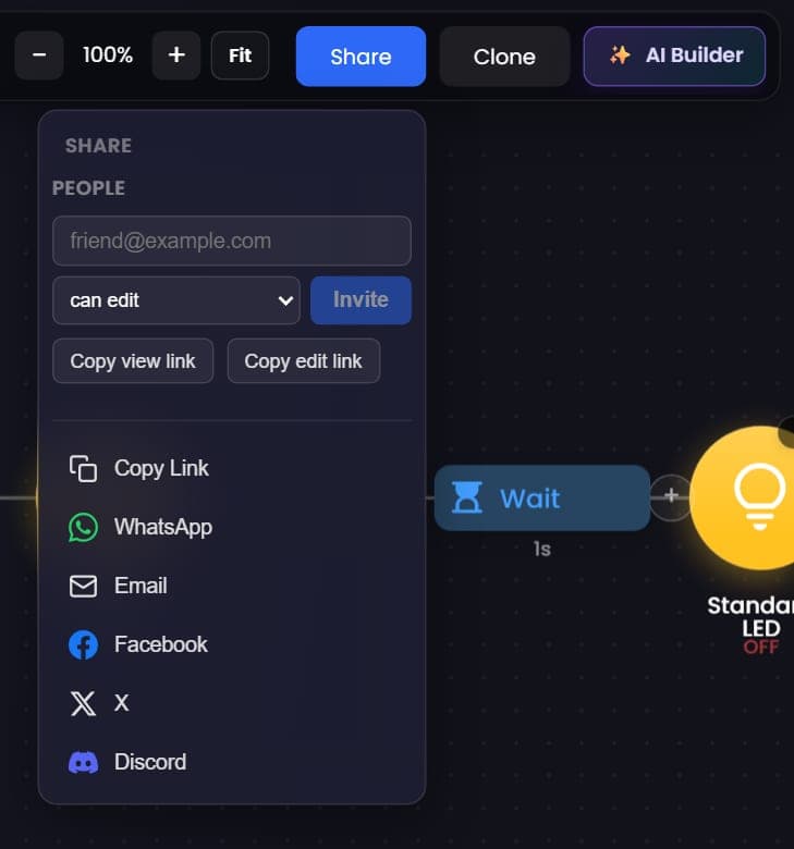 The Share menu open under the Share button in the editor: a People section with an email field, a can edit role picker, Invite, Copy view link and Copy edit link, then Copy Link, WhatsApp, Email, Facebook, X and Discord.